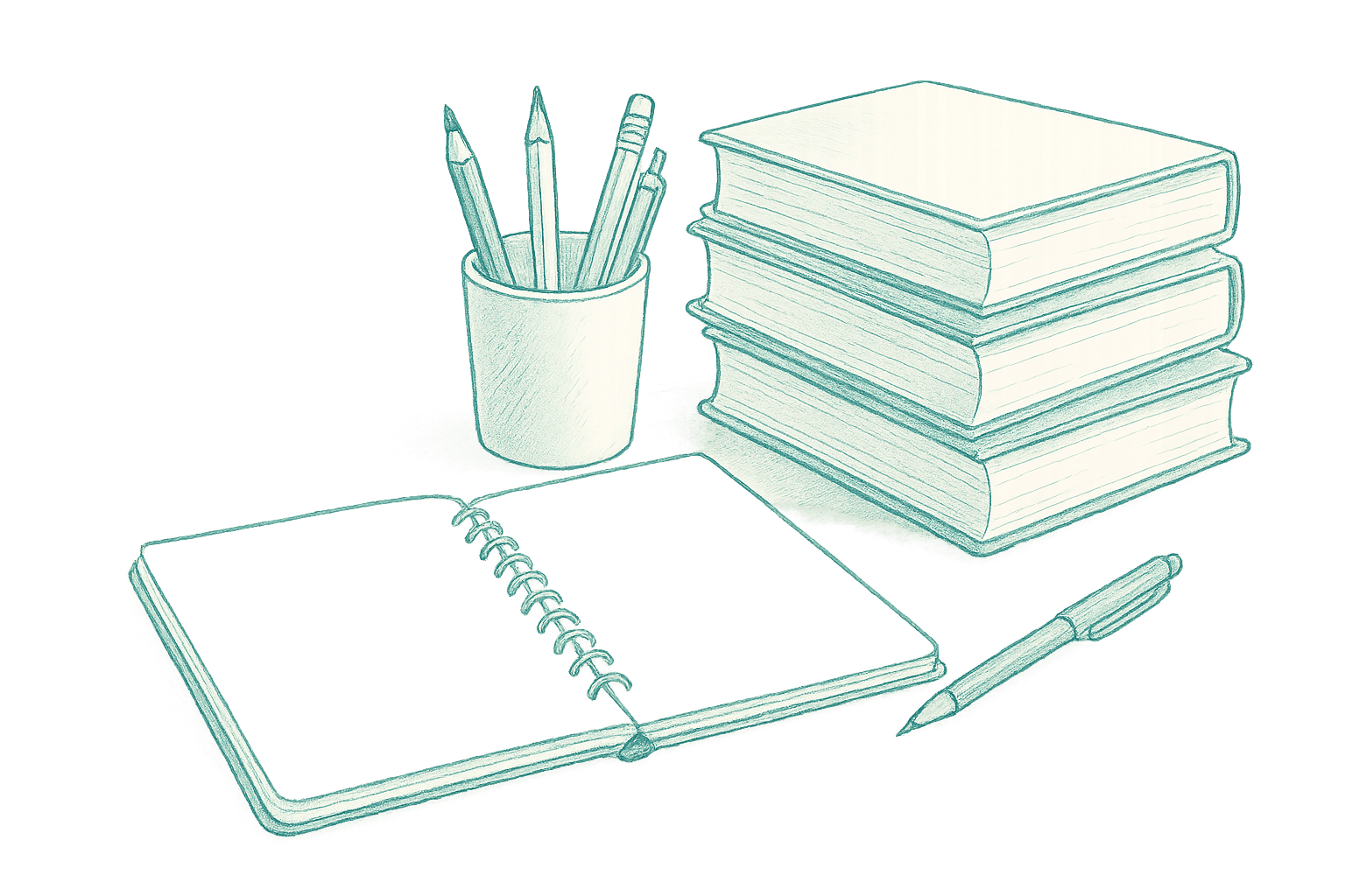 Sketch illustration of a notepad, stacked books, and pens in a pen pot.
