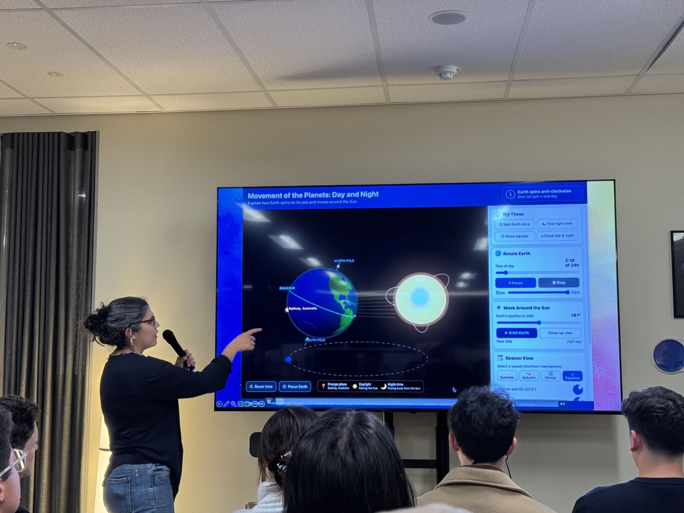 Jane presenting an interactive earth and sun learning demo at the Sydney Codex Community Meetup.
